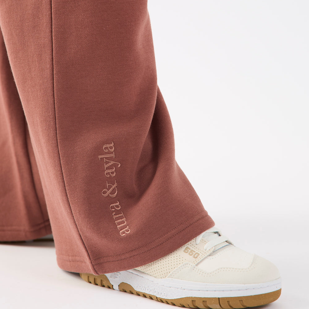 Copper Brown Embroidered Wide Leg Joggers