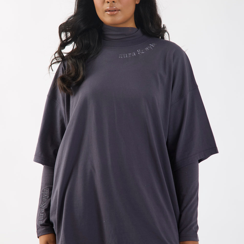 Dark Grey Embroidered Half Sleeve Oversized T-Shirt