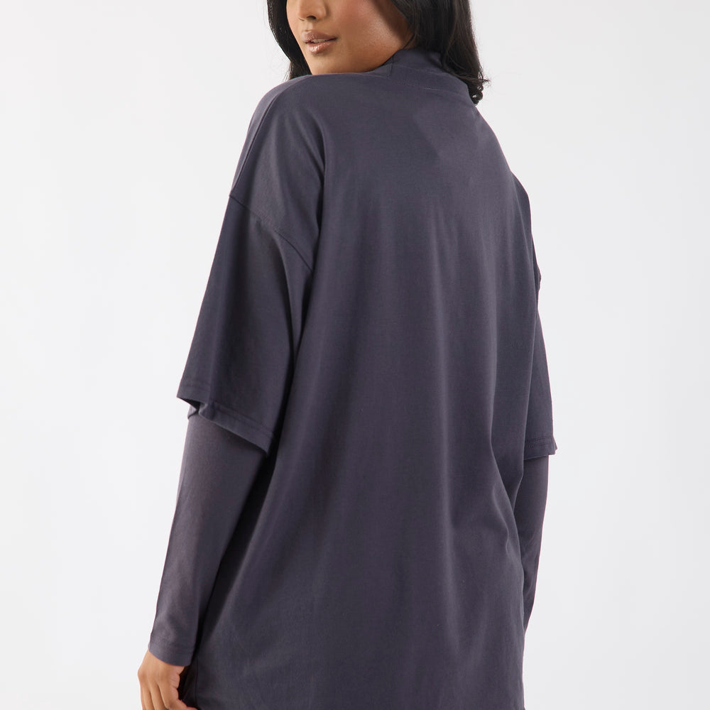 Dark Grey Embroidered Half Sleeve Oversized T-Shirt