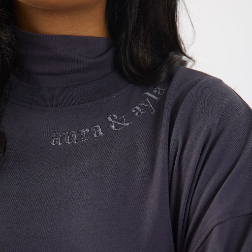 
                      
                        Dark Grey Embroidered Half Sleeve Oversized T-Shirt
                      
                    