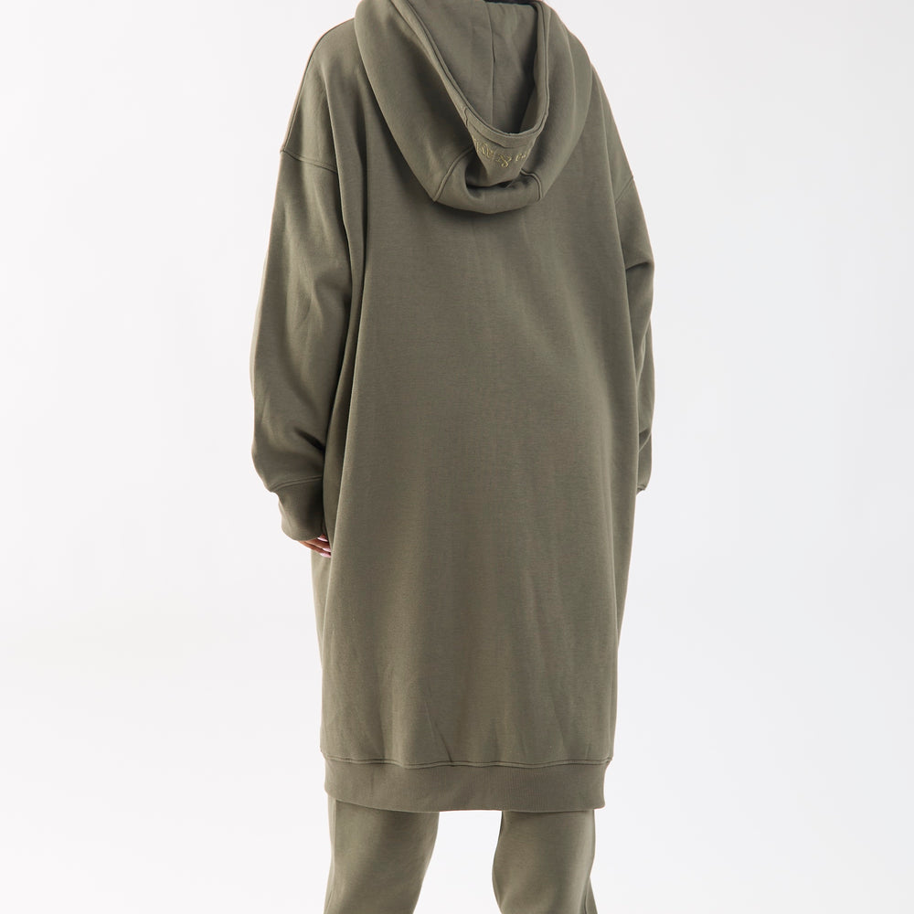 Dark Green Embroidered Longline Midi Zip Hoodie