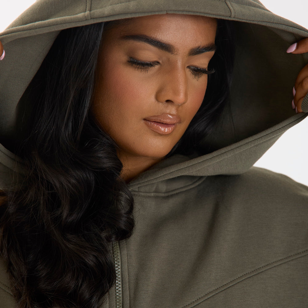 
                      
                        Dark Green Embroidered Longline Midi Zip Hoodie
                      
                    