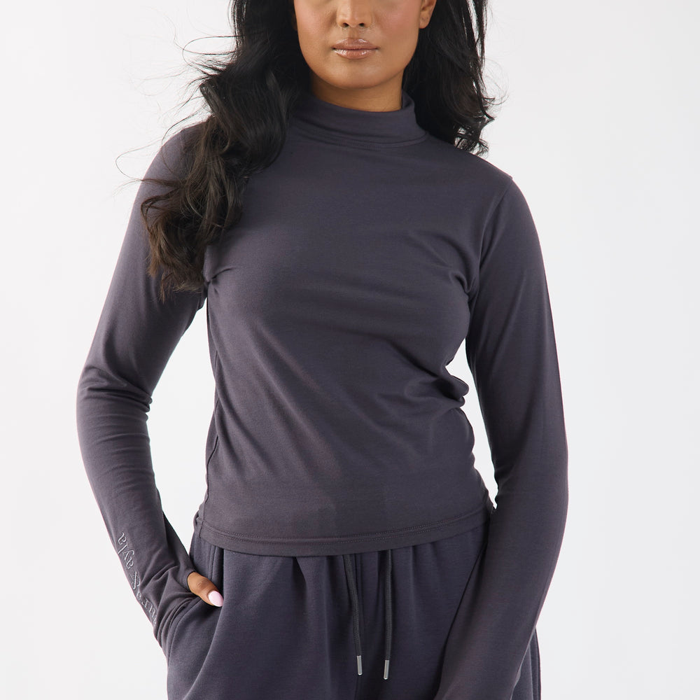 Dark Grey Embroidered High Neck Top