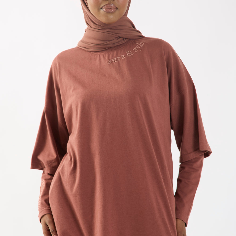Copper Brown Embroidered Half Sleeve Oversized T-Shirt