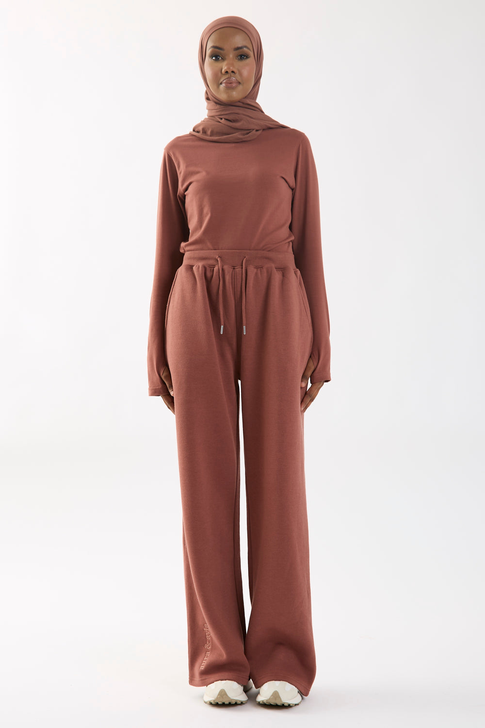 Copper Brown Embroidered Wide Leg Joggers