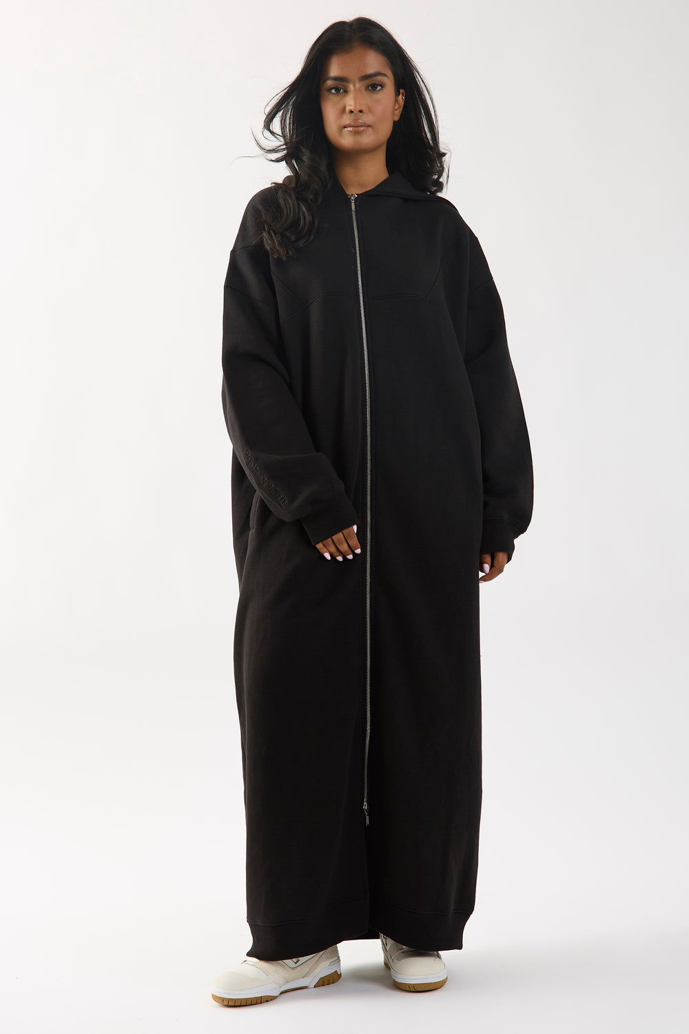 Black Embroidered Oversized Longline Full Length Zip Up Hoodie