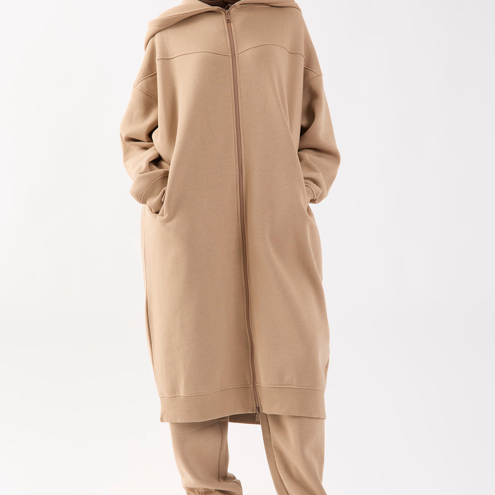 Camel Embroidered Longline Midi Oversized Zip Hoodie