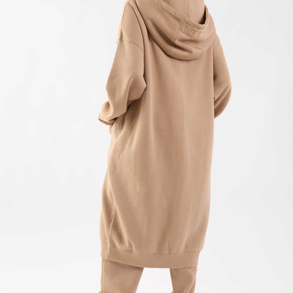 Camel Embroidered Longline Midi Oversized Zip Hoodie