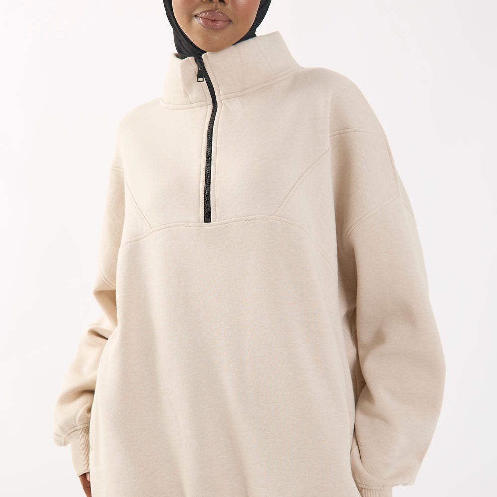 Sand Embroidered Oversized Quarter Zip Longline Sweatshirt