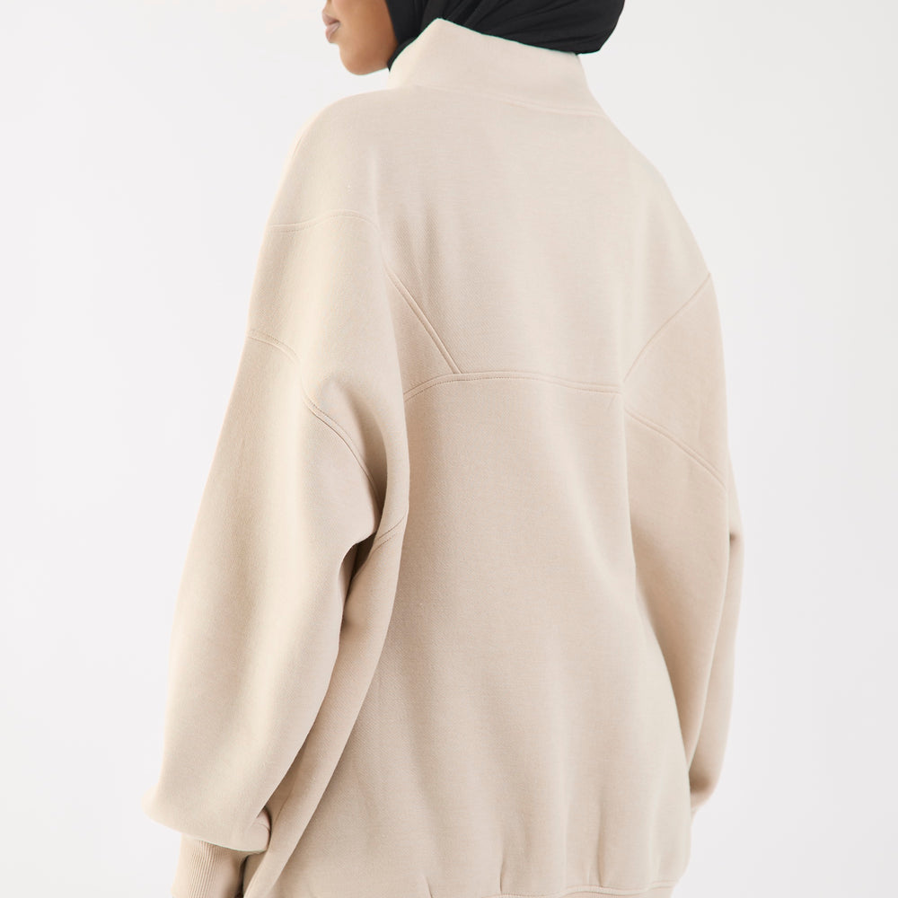 Sand Embroidered Oversized Quarter Zip Longline Sweatshirt