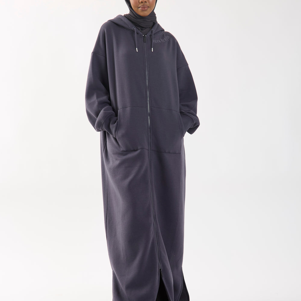 Dark Grey Embroidered Longline Full Length Oversized Zip Up Hoodie