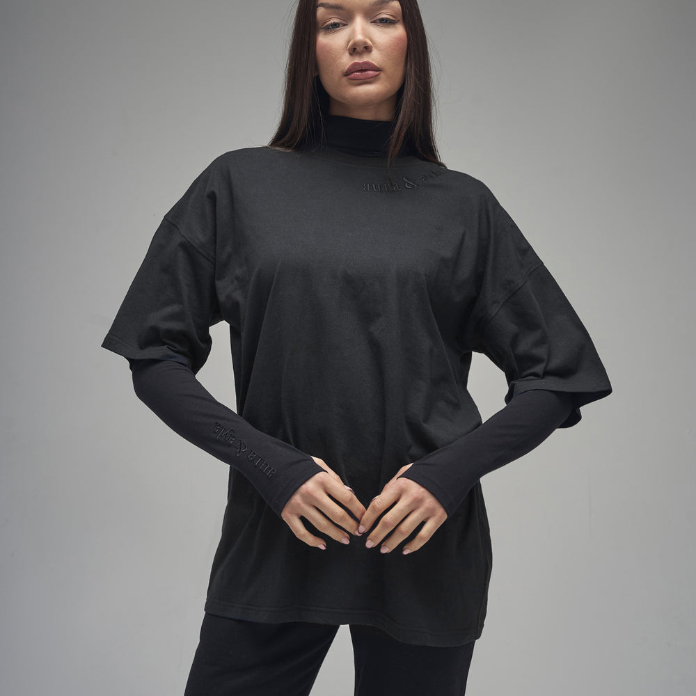 Black Embroidered Half Sleeve Oversized T-Shirt
